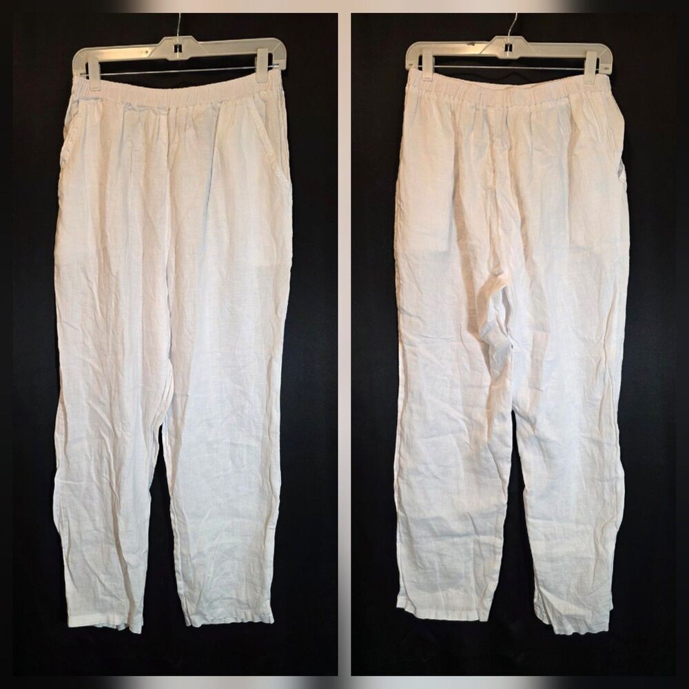 MATCH POINT USA Women's White Linen Elastic Waist Pockets Casual Coastal Pants M
